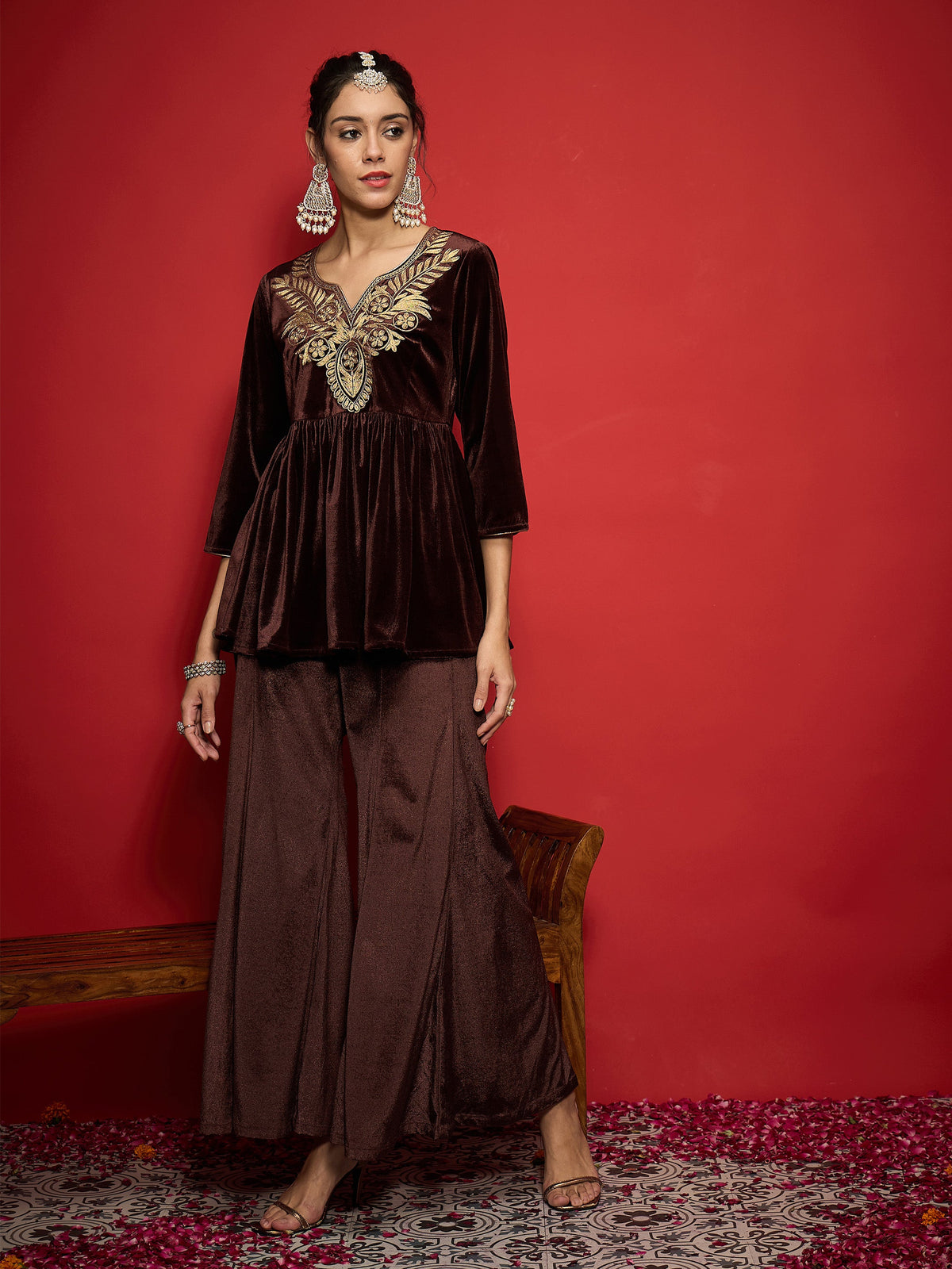 Brown Velvet Embroidered Peplum Top With Palazzos-Shae by SASSAFRAS