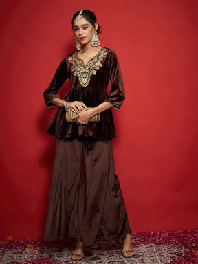 Brown Velvet Embroidered Peplum Top With Palazzos-Shae by SASSAFRAS