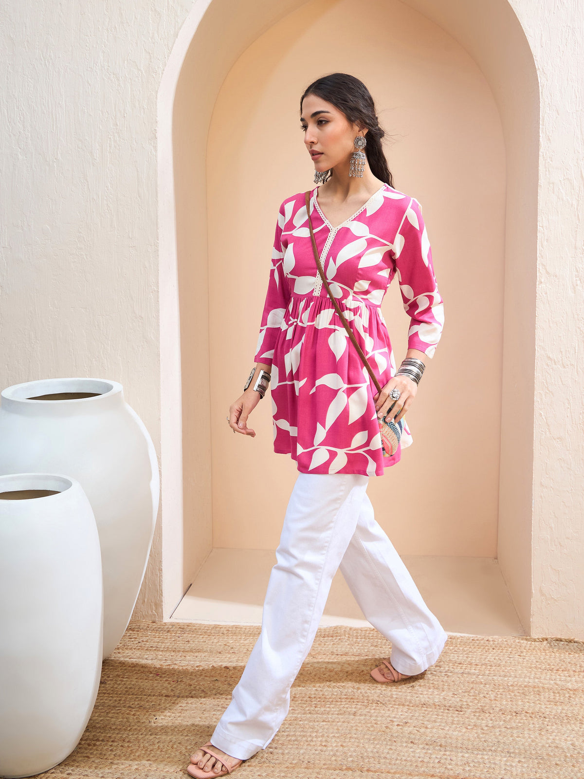 Pink Floral V Neck Peplum Kurti -Shae by SASSAFRAS