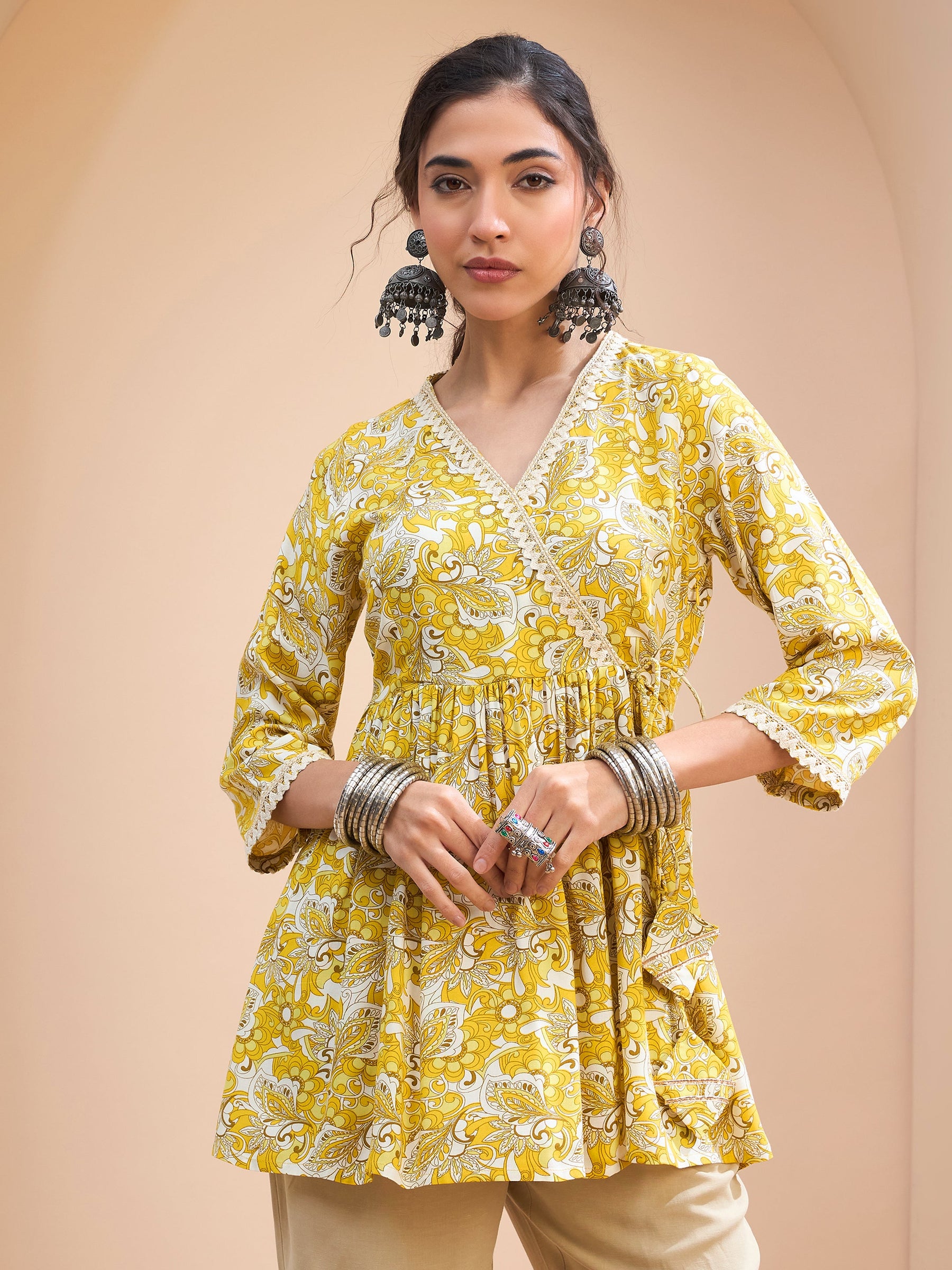 Yellow Floral Wrap Neck Peplum Kurti -Shae by SASSAFRAS