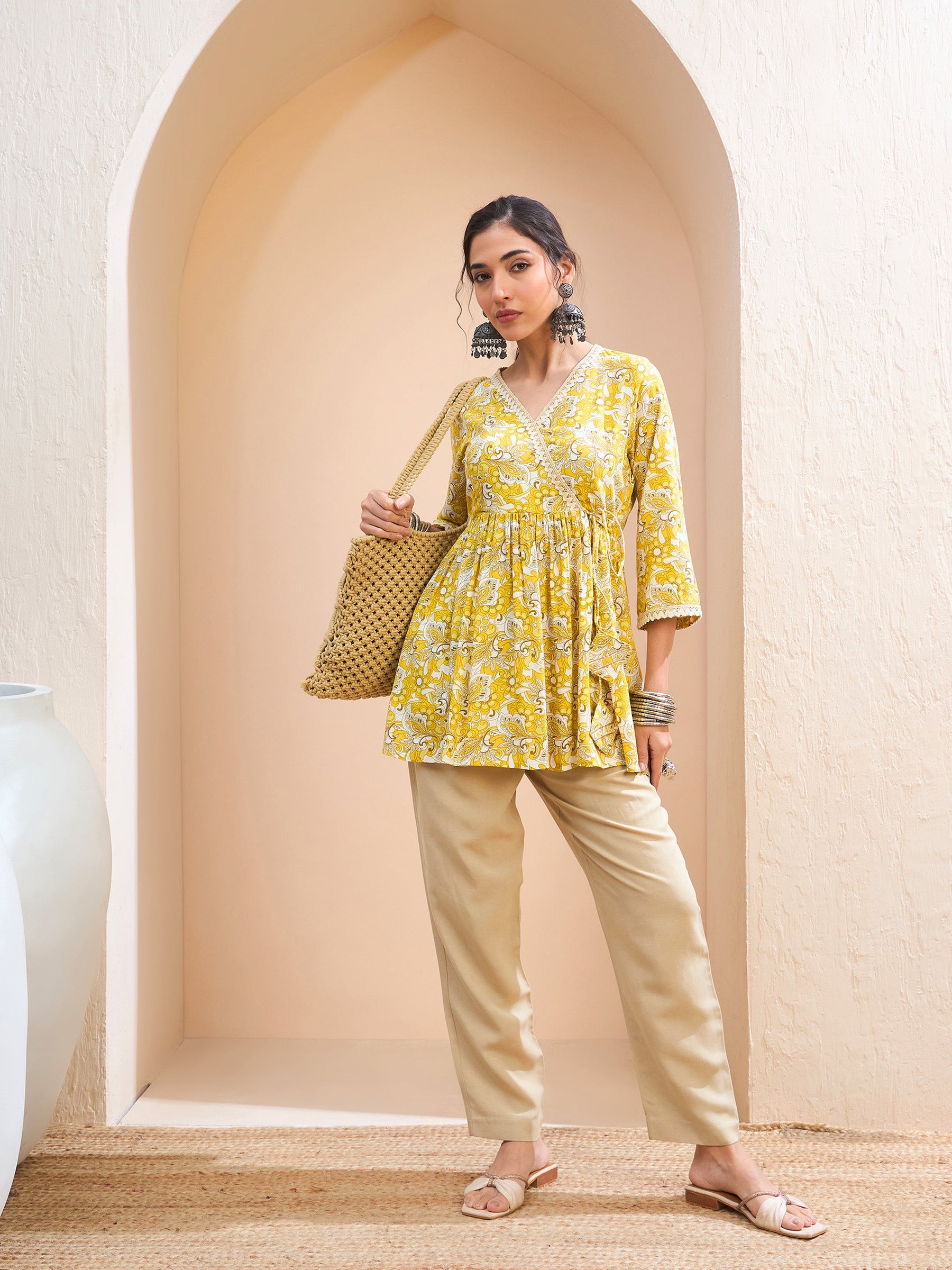 Yellow Floral Wrap Neck Peplum Kurti -Shae by SASSAFRAS