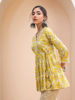 Yellow Floral Wrap Neck Peplum Kurti -Shae by SASSAFRAS