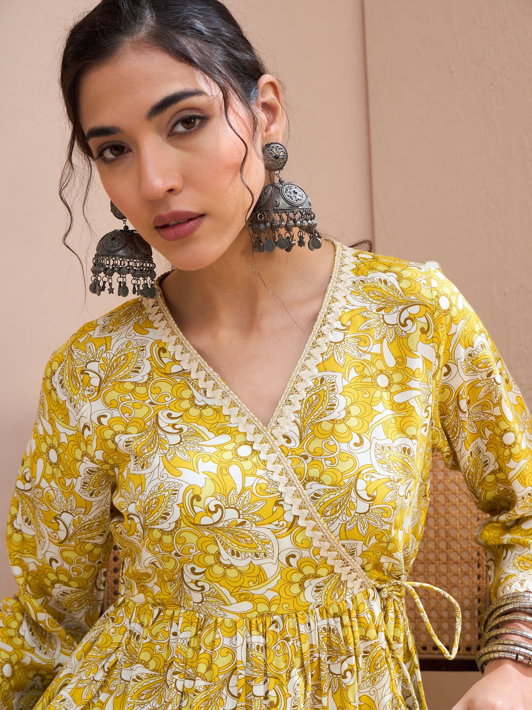 Yellow Floral Wrap Neck Peplum Kurti -Shae by SASSAFRAS