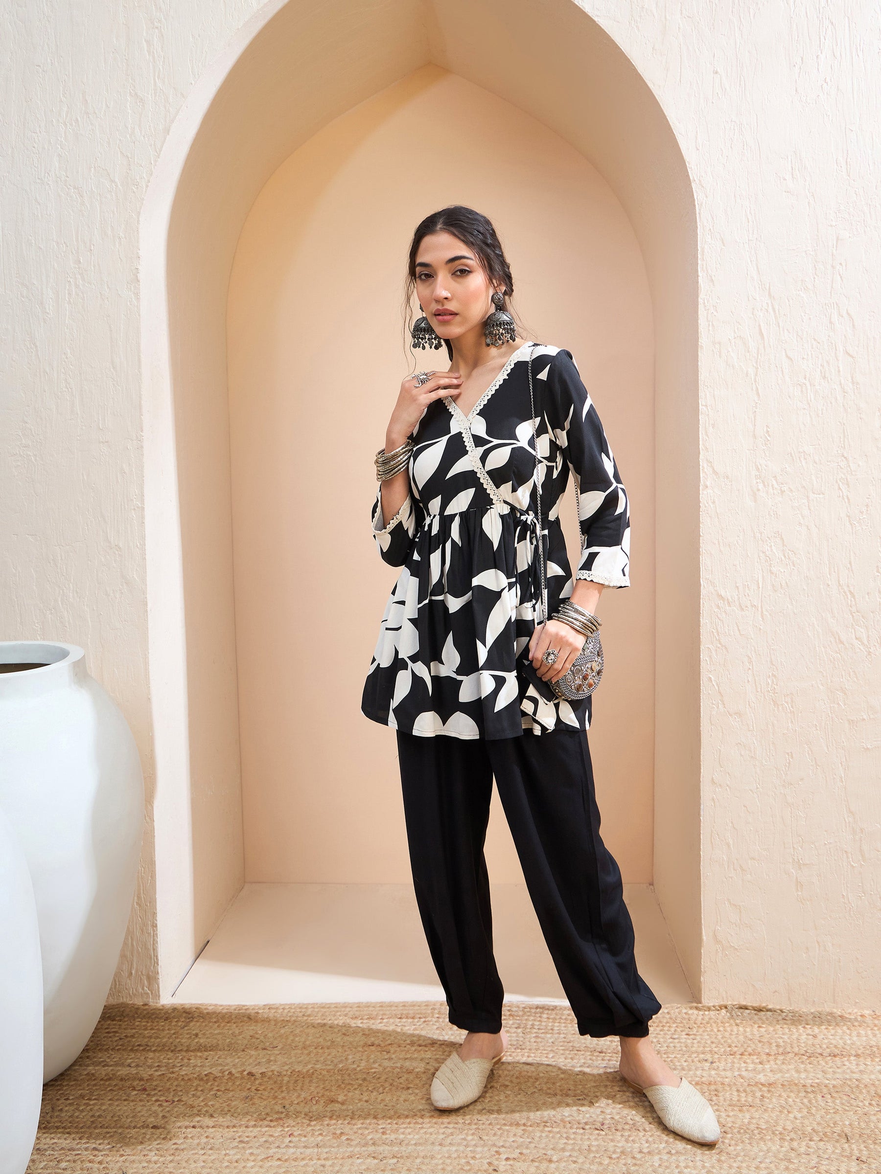 Black Floral Wrap Neck Peplum Kurti -Shae by SASSAFRAS