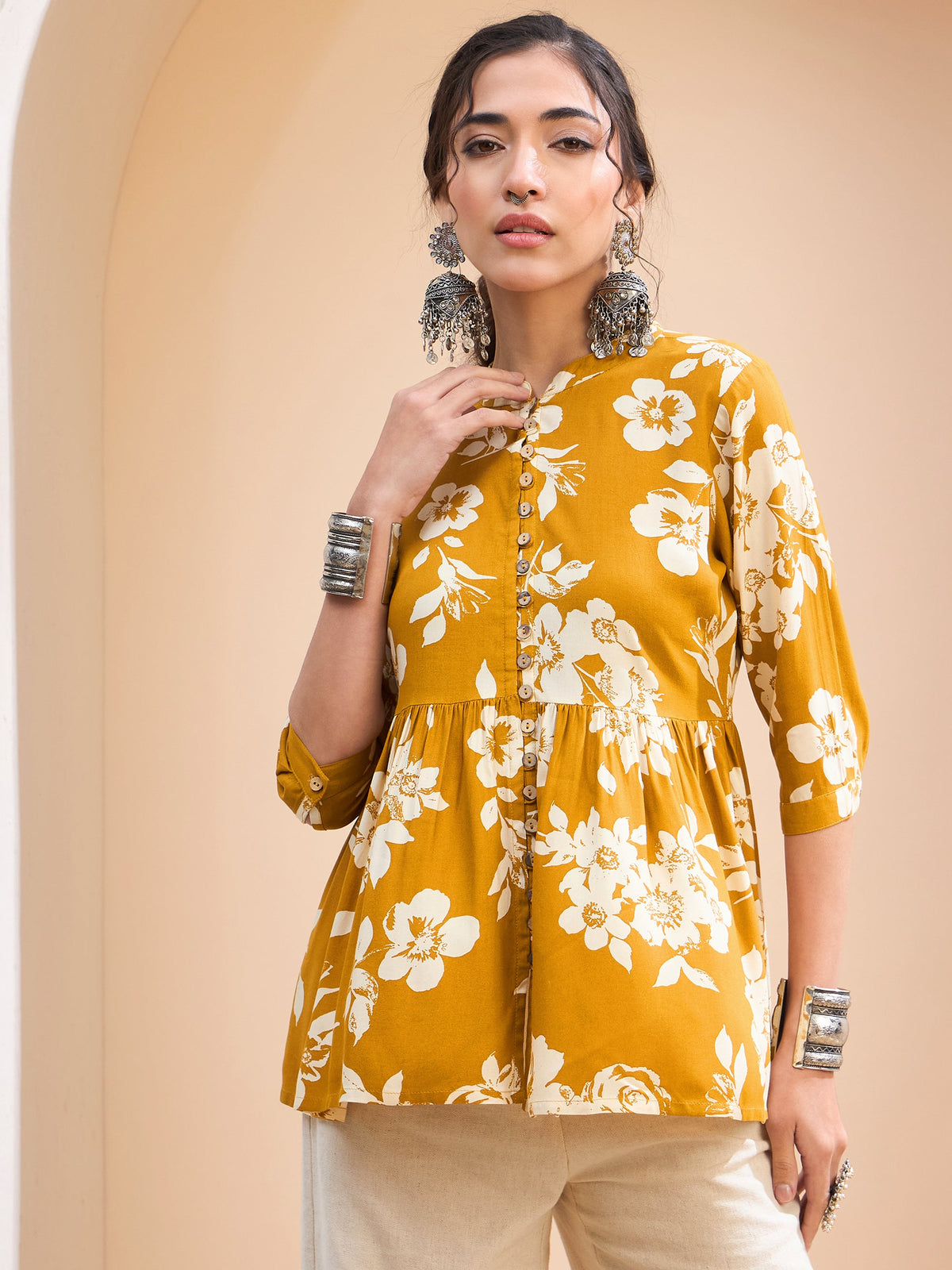 Mustard Floral Front Button Gathered Kurti -Shae by SASSAFRAS