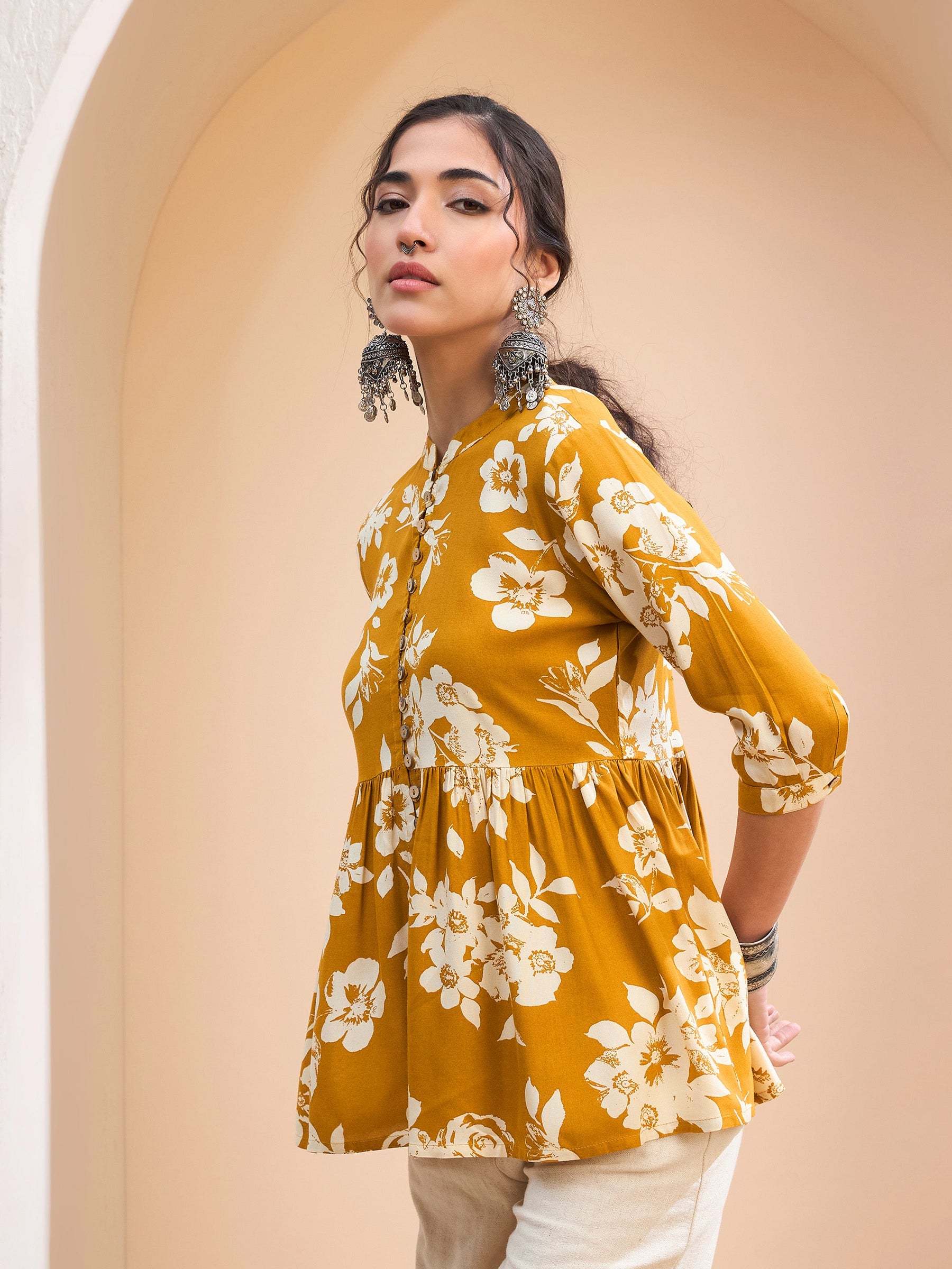 Mustard Floral Front Button Gathered Kurti -Shae by SASSAFRAS