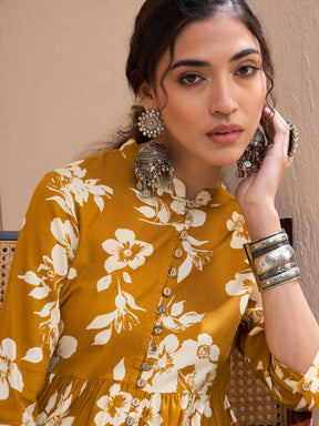 Mustard Floral Front Button Gathered Kurti -Shae by SASSAFRAS