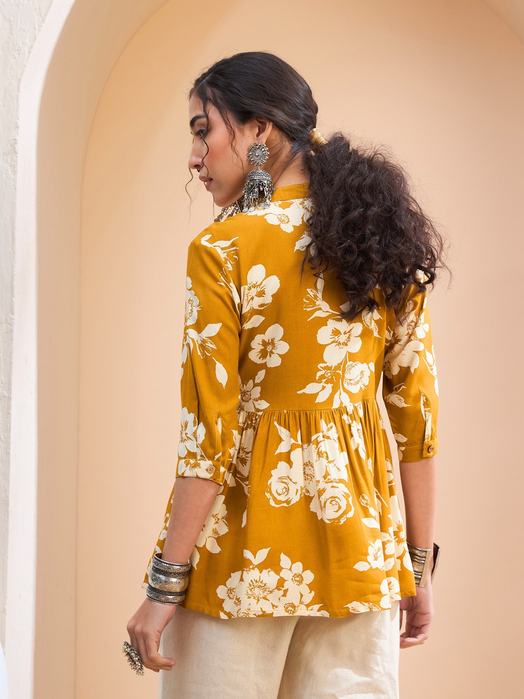 Mustard Floral Front Button Gathered Kurti -Shae by SASSAFRAS