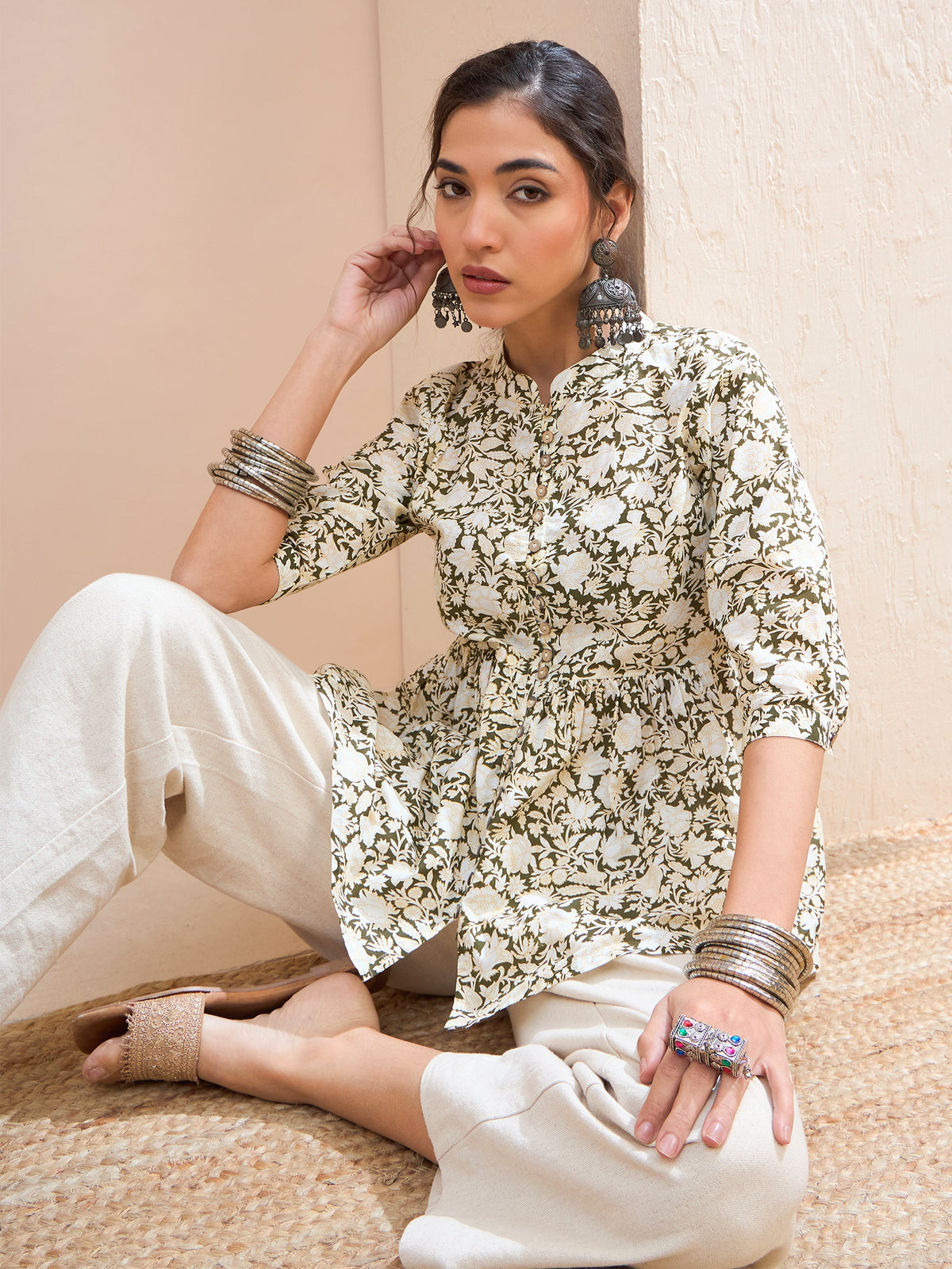 Olive Floral Cambric Front Button Gathered Kurti -Shae by SASSAFRAS