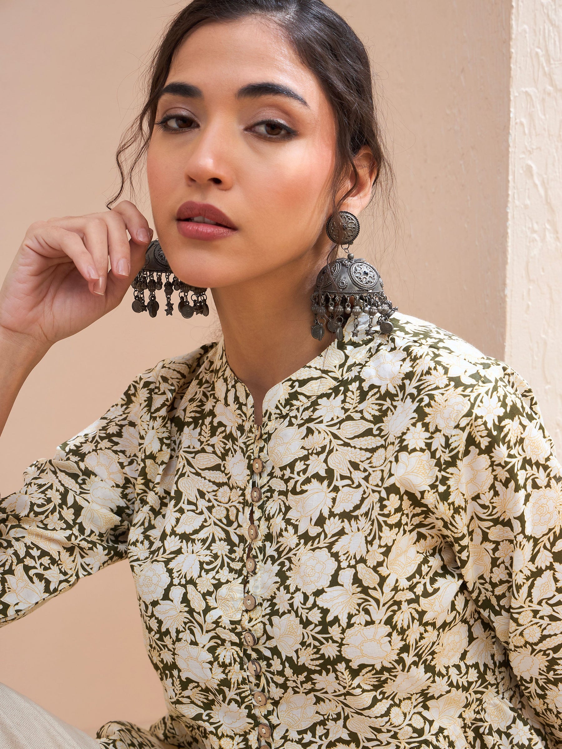 Olive Floral Cambric Front Button Gathered Kurti -Shae by SASSAFRAS