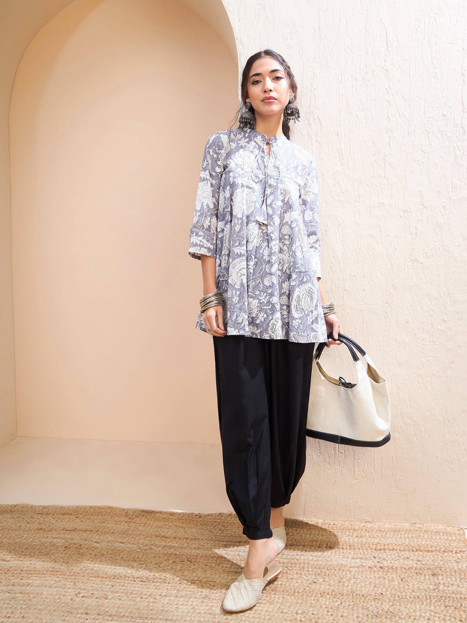 Grey Floral Cambric Front Tie Knot Kurti -Shae by SASSAFRAS