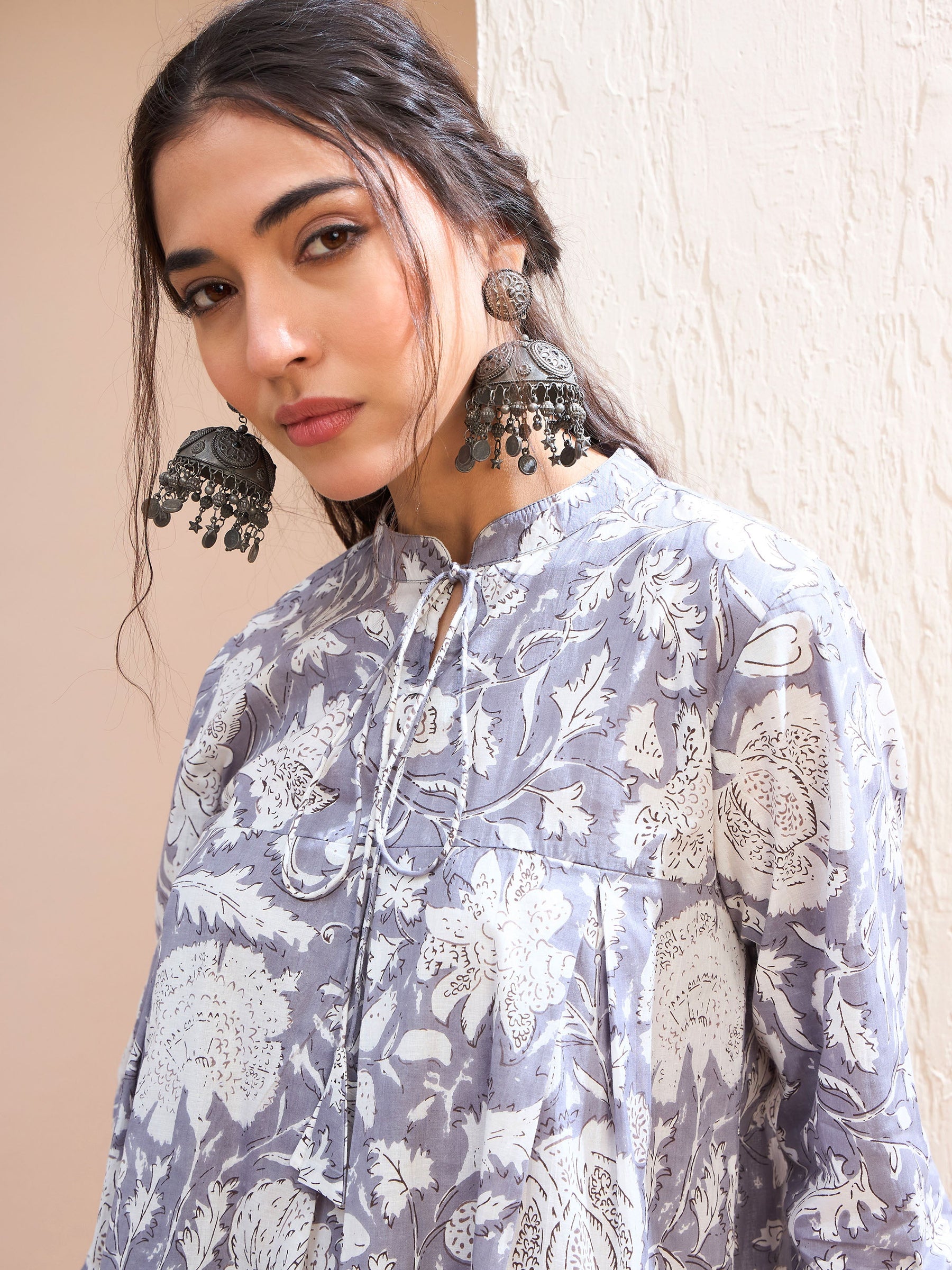 Grey Floral Cambric Front Tie Knot Kurti -Shae by SASSAFRAS