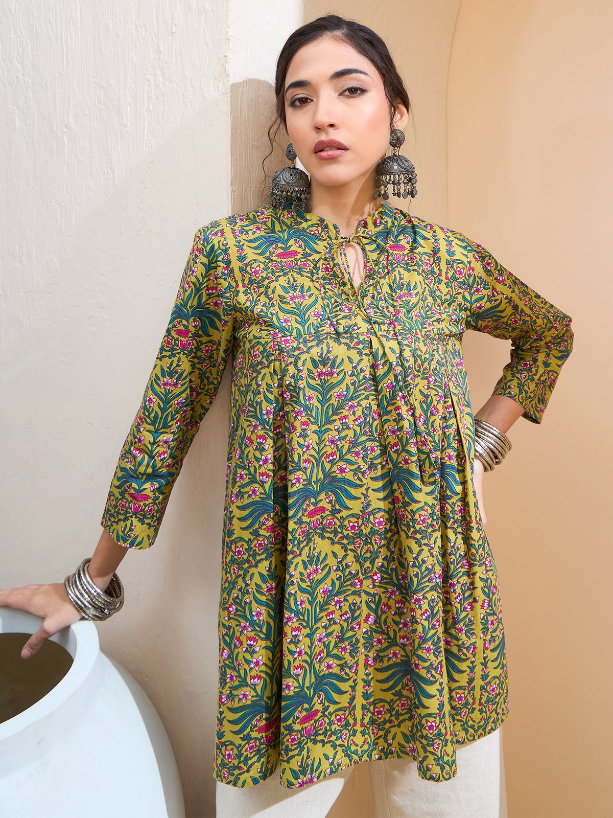 Dark Mustard Floral Cambric Front Tie Knot Kurti -Shae by SASSAFRAS