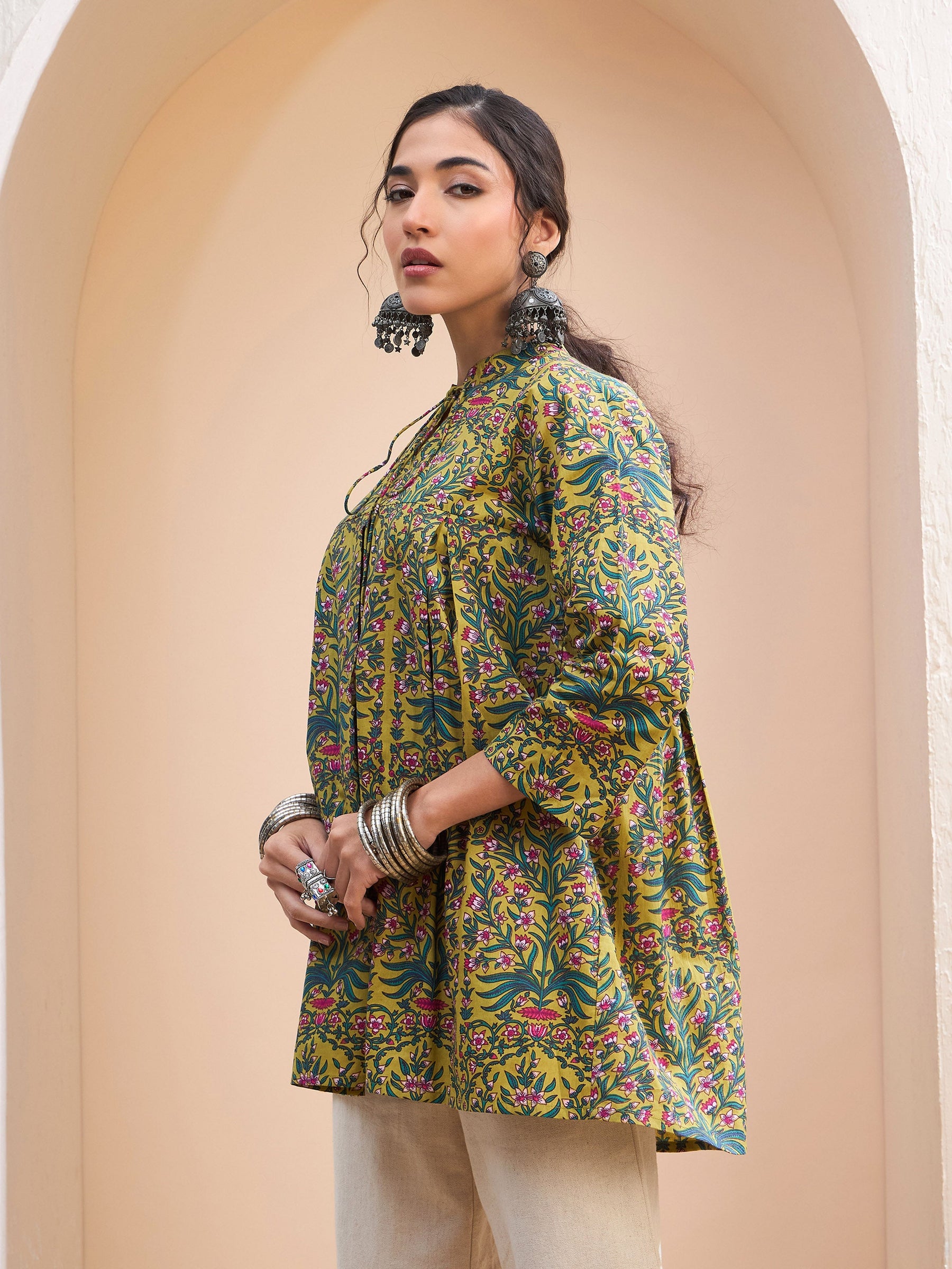 Dark Mustard Floral Cambric Front Tie Knot Kurti -Shae by SASSAFRAS