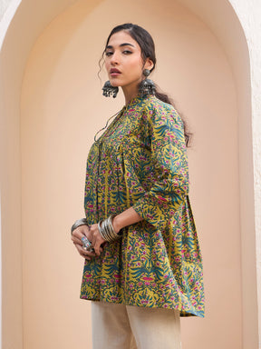 Dark Mustard Floral Cambric Front Tie Knot Kurti -Shae by SASSAFRAS