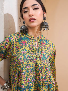 Dark Mustard Floral Cambric Front Tie Knot Kurti -Shae by SASSAFRAS