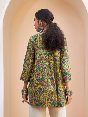 Dark Mustard Floral Cambric Front Tie Knot Kurti -Shae by SASSAFRAS