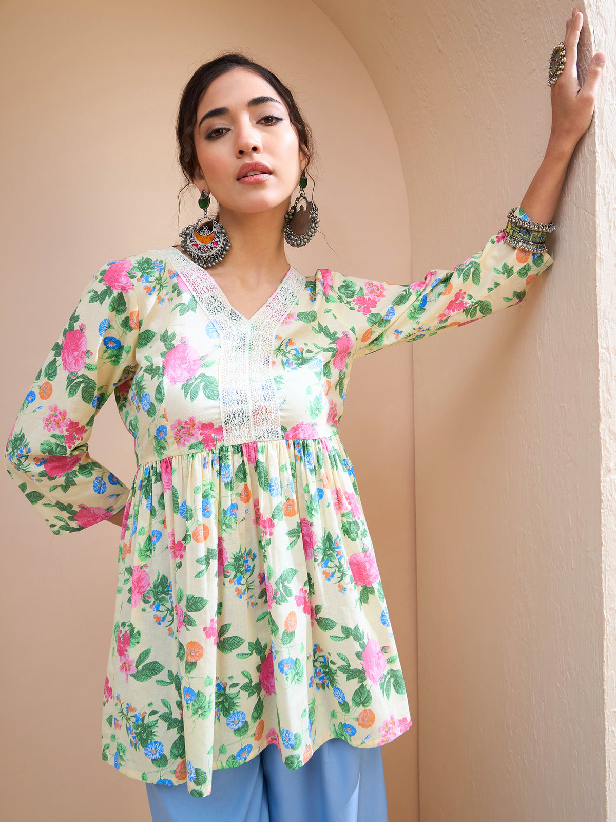 Lime Yellow Floral Cambric V Neck Peplum Kurti -Shae by SASSAFRAS