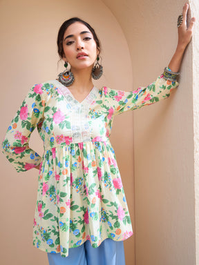 Lime Yellow Floral Cambric V Neck Peplum Kurti -Shae by SASSAFRAS