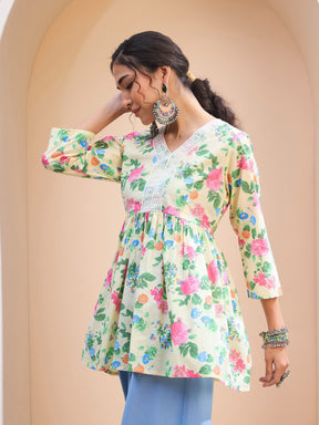 Lime Yellow Floral Cambric V Neck Peplum Kurti -Shae by SASSAFRAS