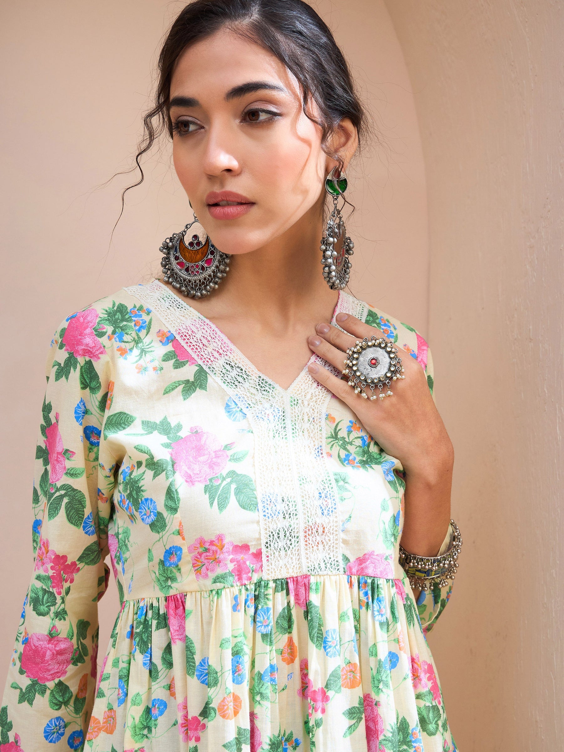 Lime Yellow Floral Cambric V Neck Peplum Kurti -Shae by SASSAFRAS