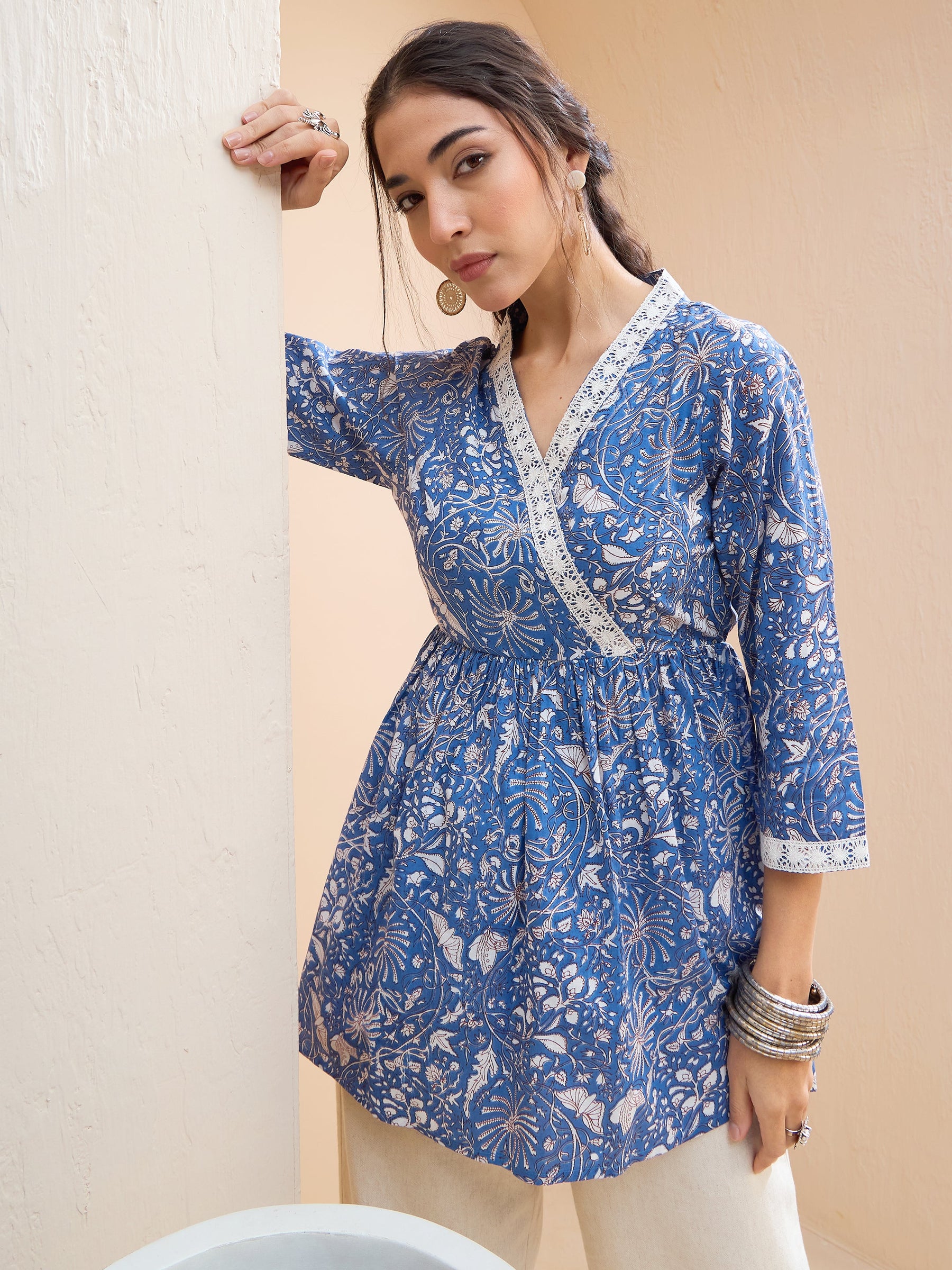 Blue Floral Cambric Wrap Peplum Kurti -Shae by SASSAFRAS