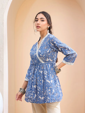 Blue Floral Cambric Wrap Peplum Kurti -Shae by SASSAFRAS