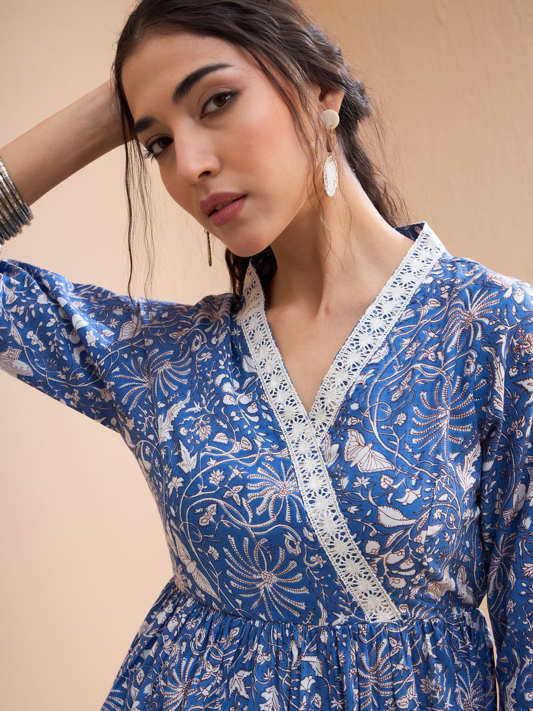 Blue Floral Cambric Wrap Peplum Kurti -Shae by SASSAFRAS