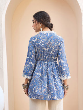 Blue Floral Cambric Wrap Peplum Kurti -Shae by SASSAFRAS