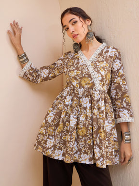 Brown Floral Cambric Wrap Peplum Kurti -Shae by SASSAFRAS