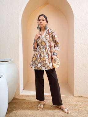 Brown Floral Cambric Wrap Peplum Kurti -Shae by SASSAFRAS