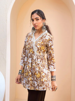 Brown Floral Cambric Wrap Peplum Kurti -Shae by SASSAFRAS