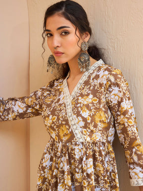 Brown Floral Cambric Wrap Peplum Kurti -Shae by SASSAFRAS