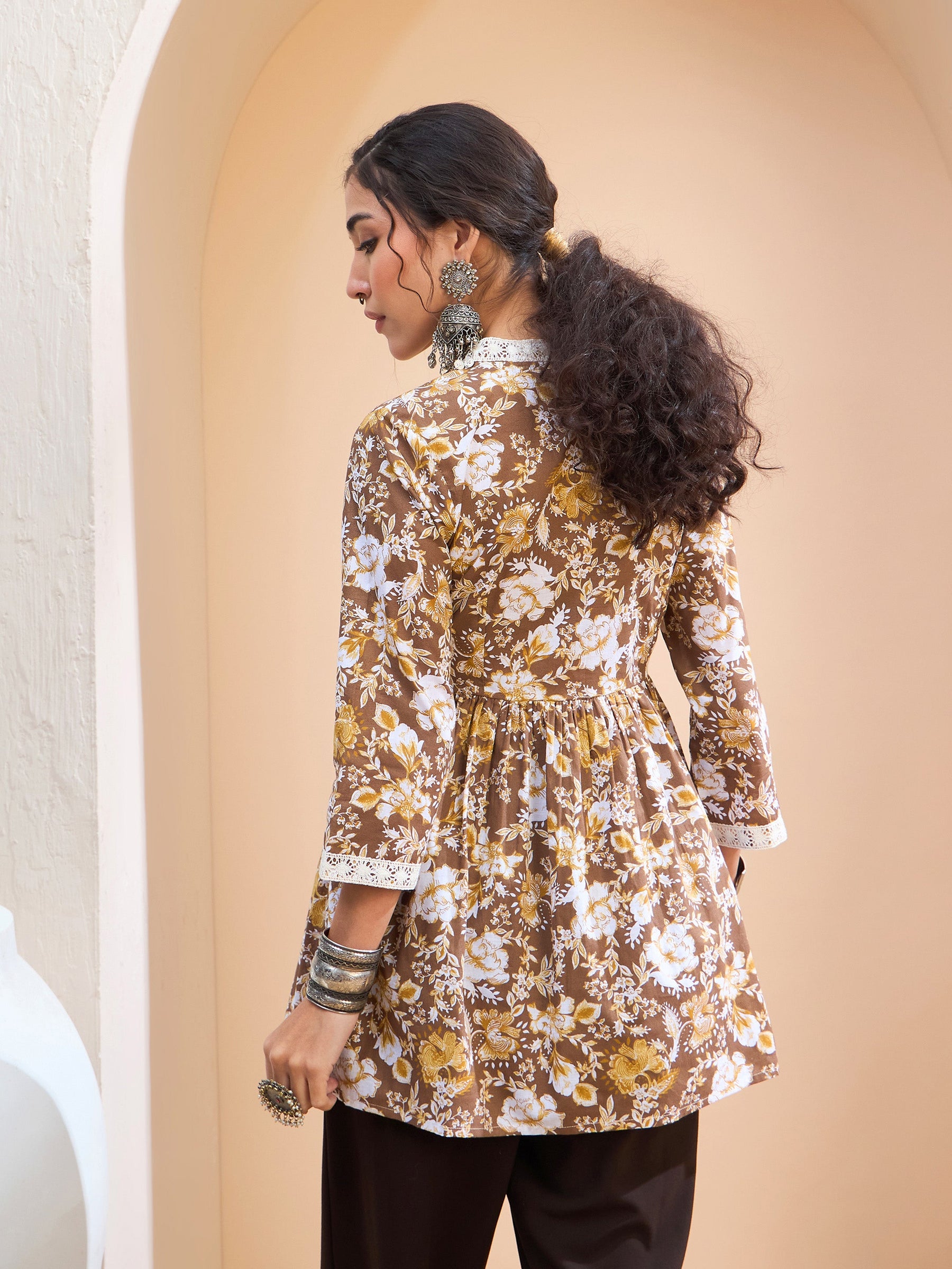 Brown Floral Cambric Wrap Peplum Kurti -Shae by SASSAFRAS