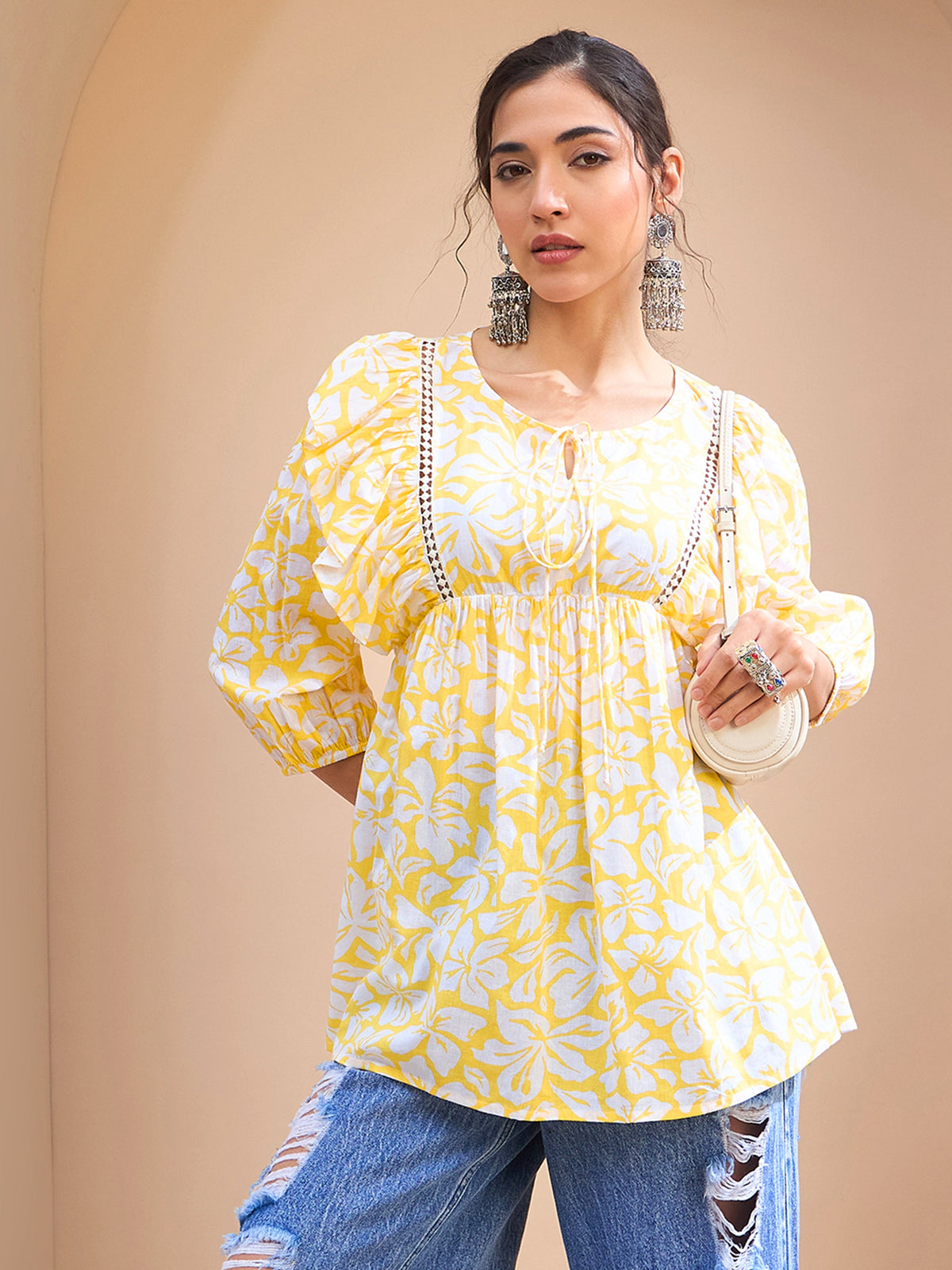 Yellow Floral Cambric Front Frill Kurti-Shae by SASSAFRAS