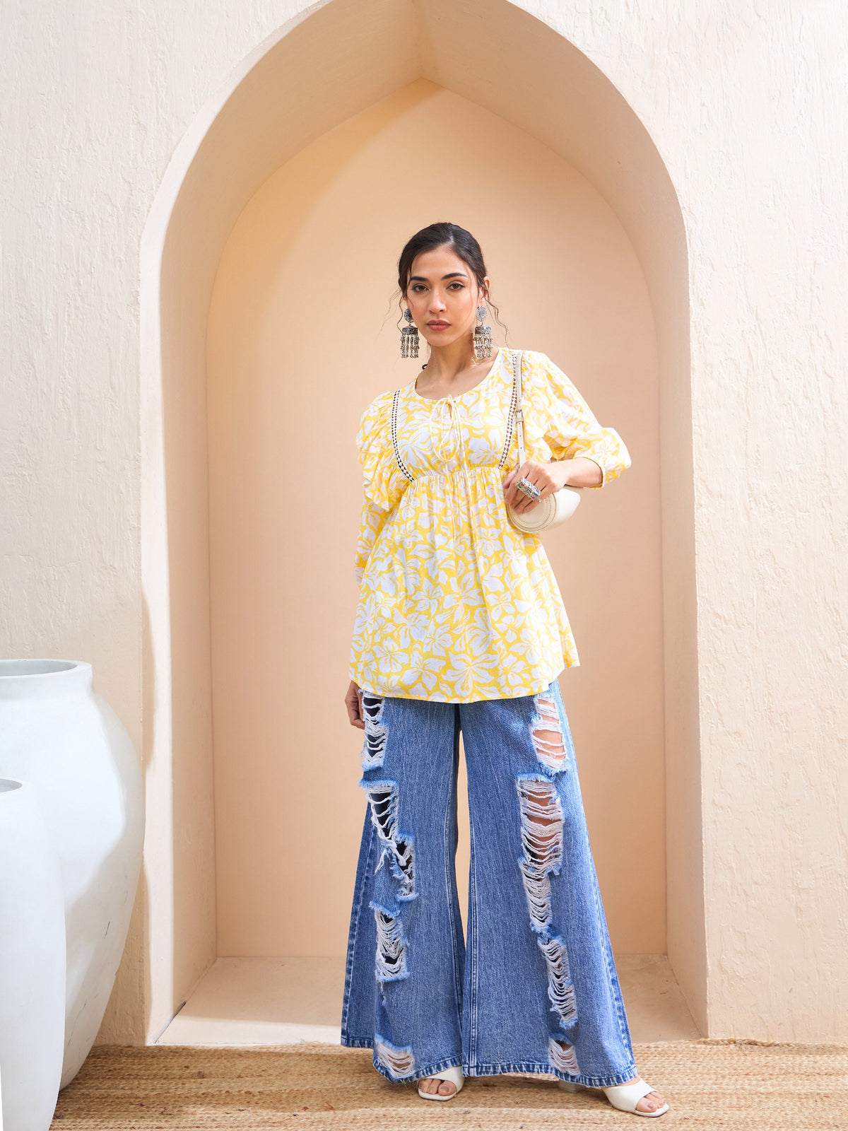 Yellow Floral Cambric Front Frill Kurti-Shae by SASSAFRAS