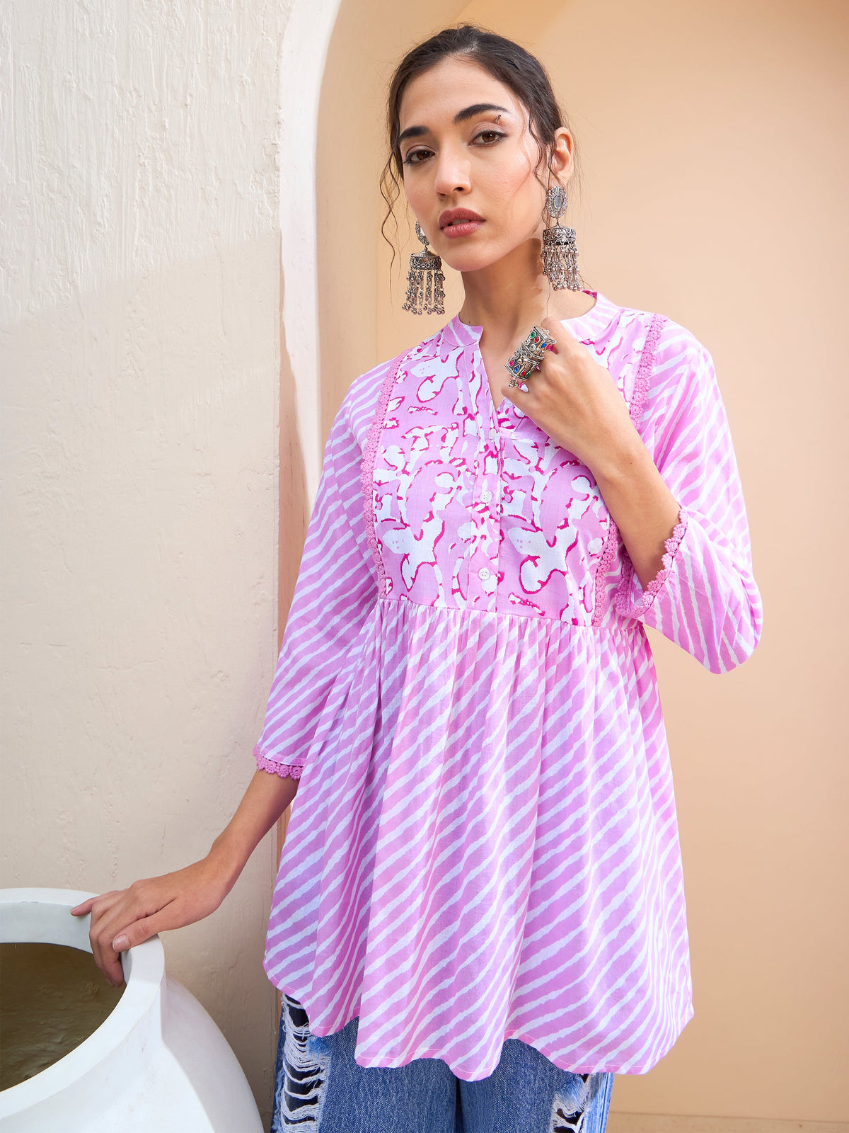 Pink Striped Cambric Front Yoke Peplum Kurti-Shae by SASSAFRAS