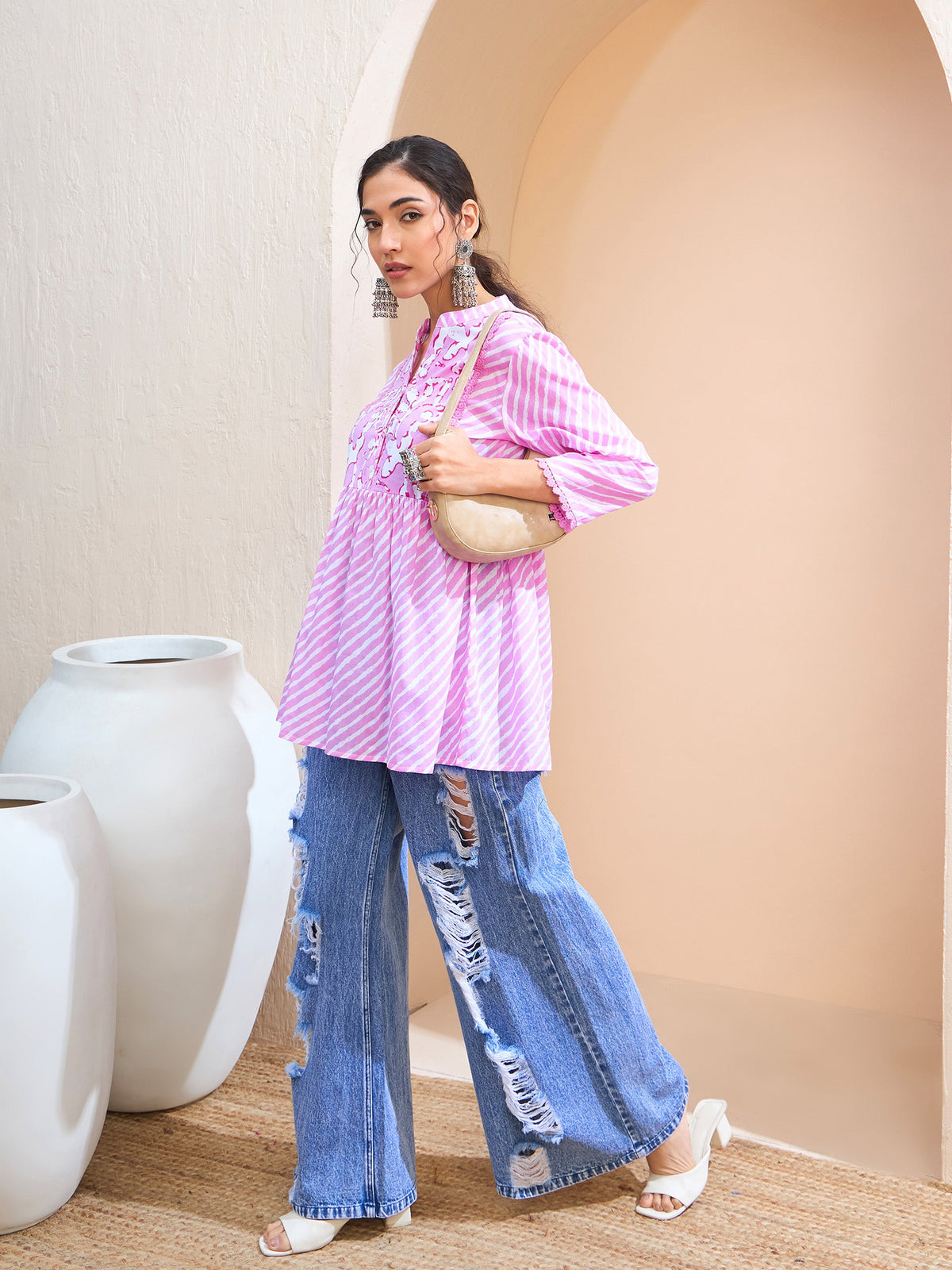 Pink Striped Cambric Front Yoke Peplum Kurti-Shae by SASSAFRAS