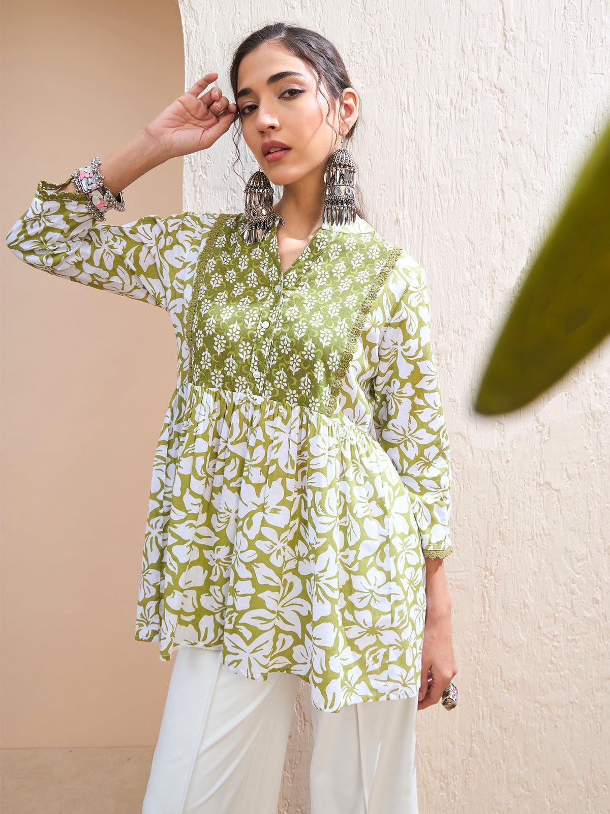 Green Floral Cambric Front Yoke Peplum Kurti -Shae by SASSAFRAS