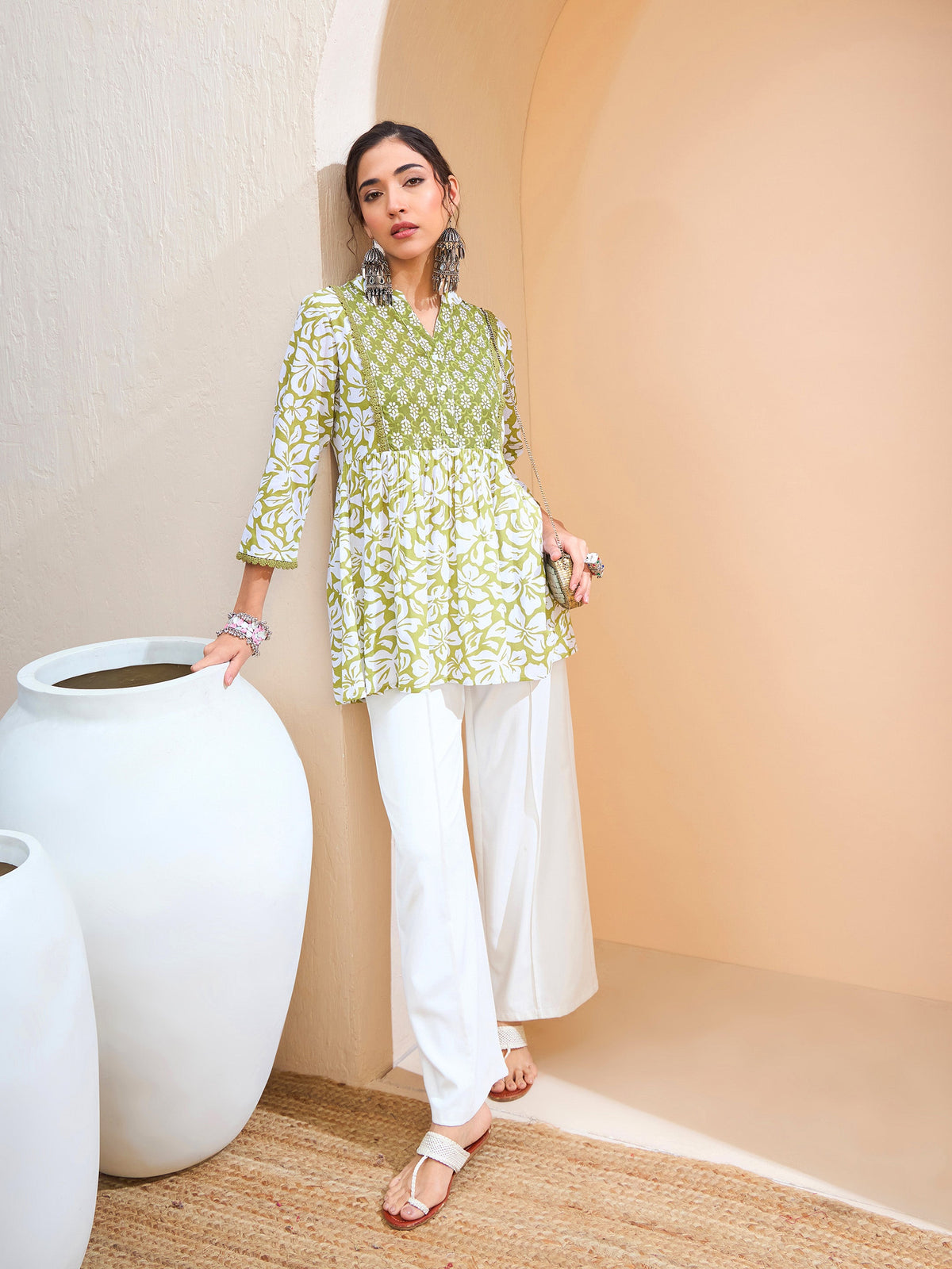 Green Floral Cambric Front Yoke Peplum Kurti -Shae by SASSAFRAS