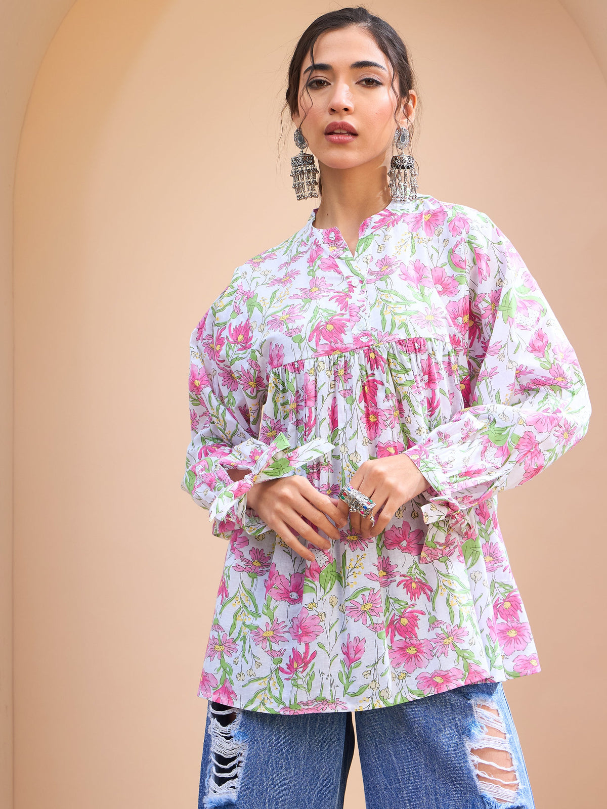 White Floral Cambric Sleeves Knot Peplum Kurti -Shae by SASSAFRAS