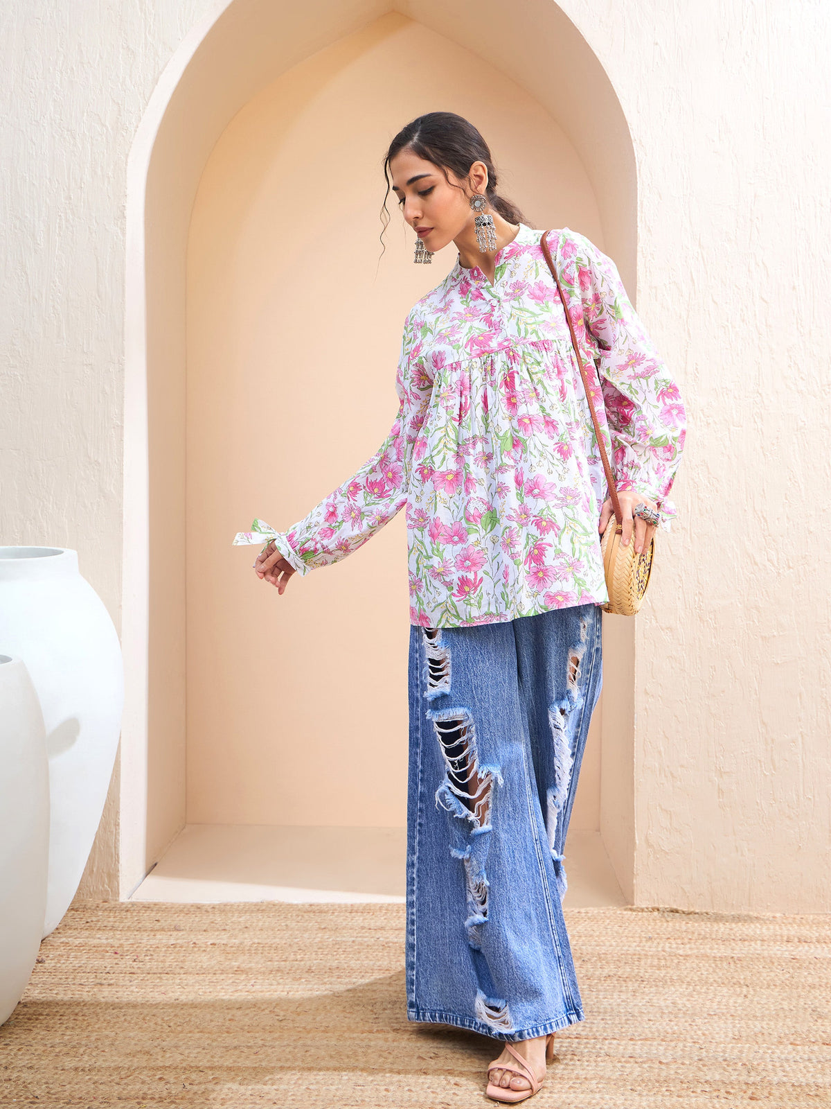 White Floral Cambric Sleeves Knot Peplum Kurti -Shae by SASSAFRAS
