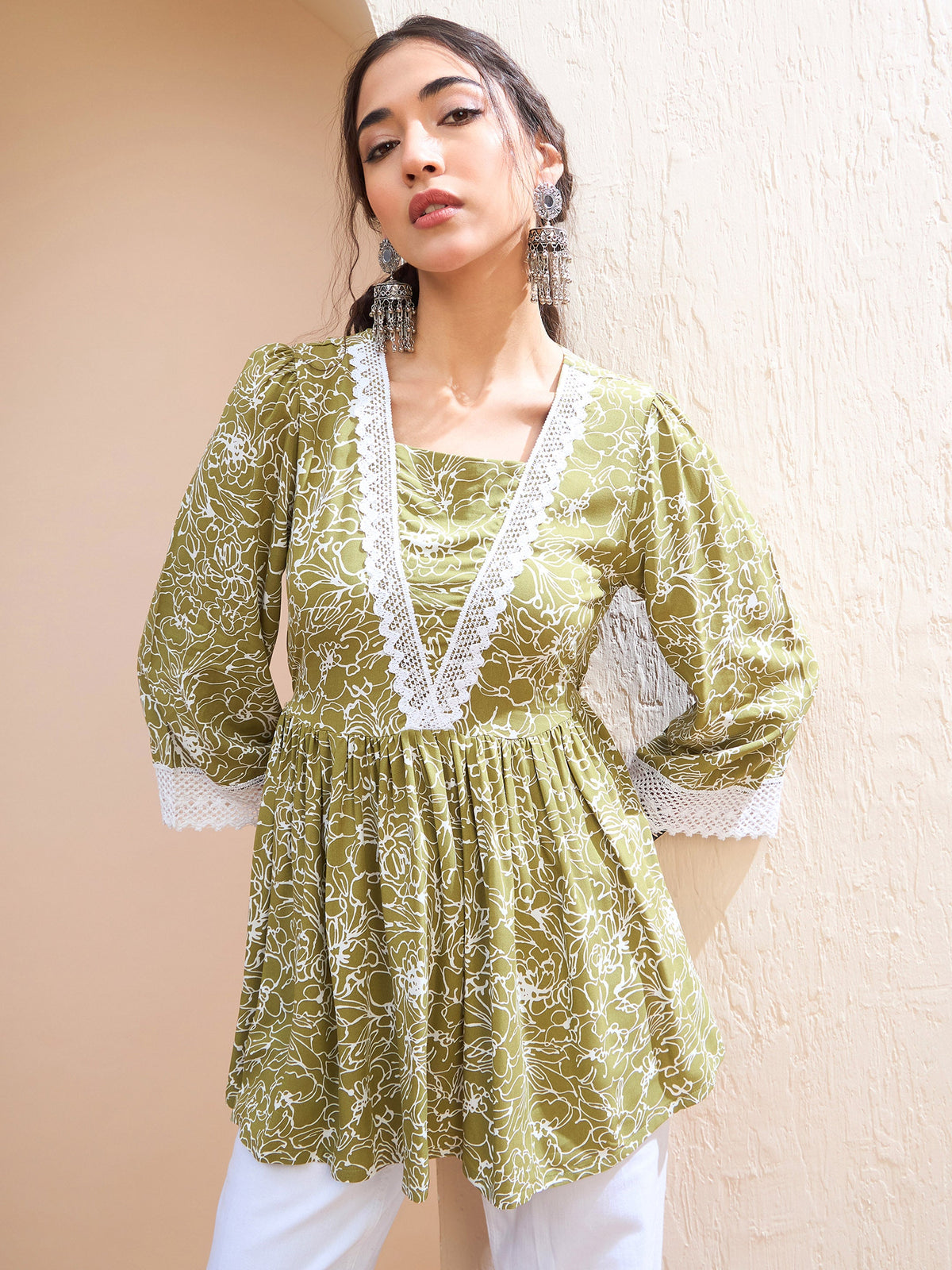 Green Floral V-Neck Peplum Kurti -Shae by SASSAFRAS