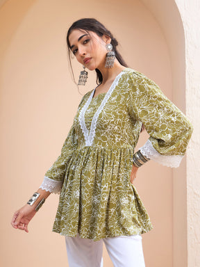 Green Floral V-Neck Peplum Kurti -Shae by SASSAFRAS