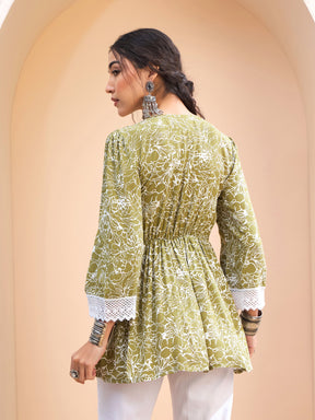 Green Floral V-Neck Peplum Kurti -Shae by SASSAFRAS