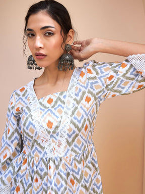 White Geometric Print Peplum Kurti-Shae by SASSAFRAS