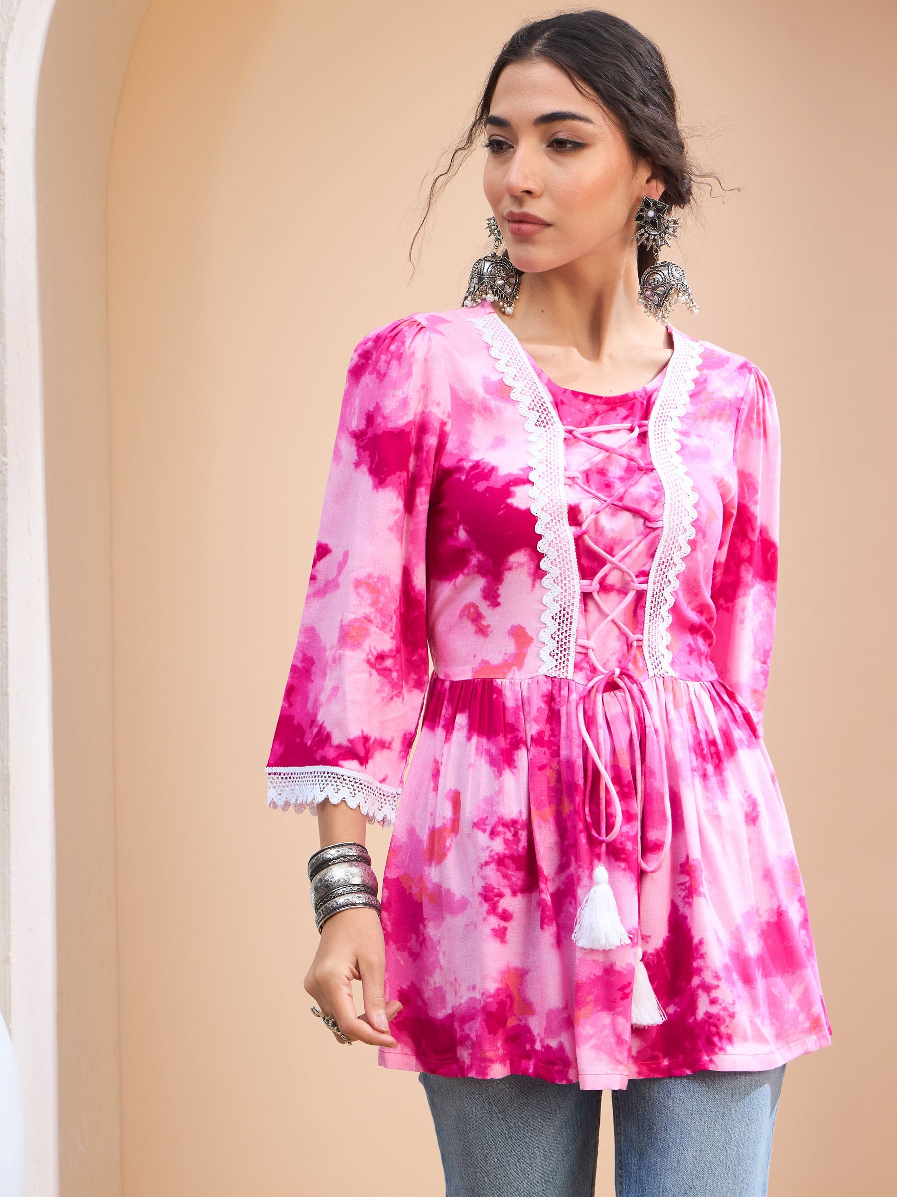 Pink Tie & Dye Front Criss Cross Peplum Kurti-Shae by SASSAFRAS