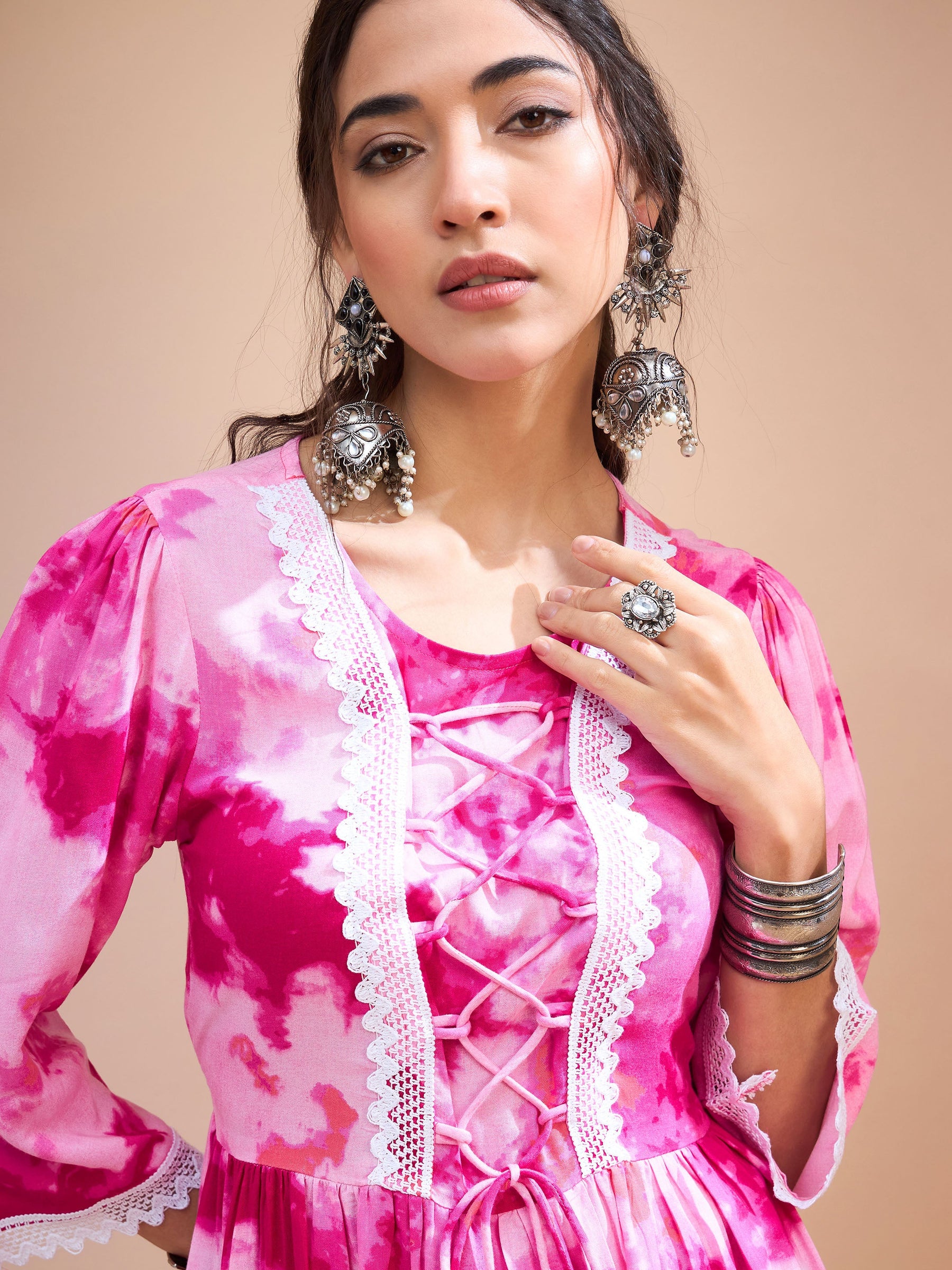 Pink Tie & Dye Front Criss Cross Peplum Kurti-Shae by SASSAFRAS