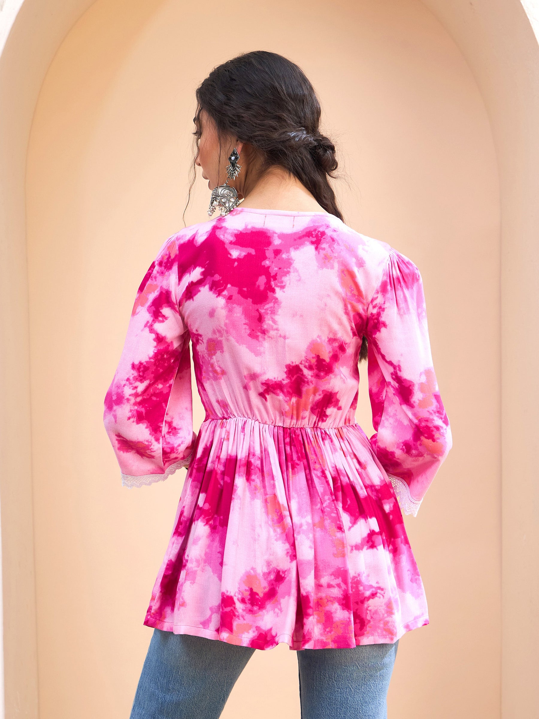 Pink Tie & Dye Front Criss Cross Peplum Kurti-Shae by SASSAFRAS