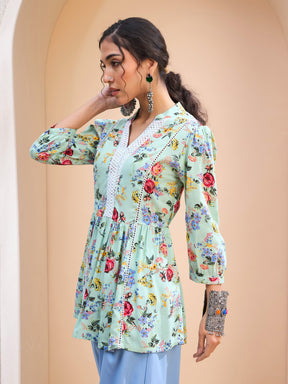 Lime Green Floral Front Lace Peplum Kurti -Shae by SASSAFRAS